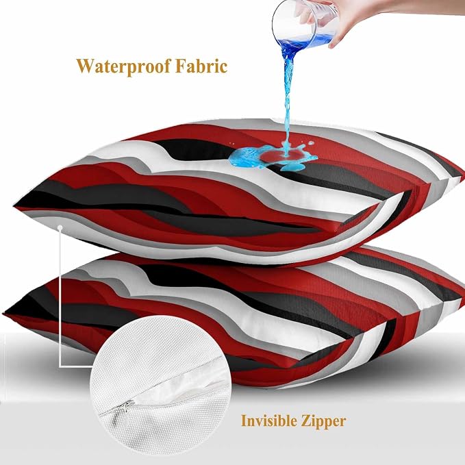 Ocean Waves Outdoor Waterproof Throw Pillow Covers Set of 2, 24"x24", Black Red Wave Gradient Decorative Pillow Covers Outside Cushion Case for Patio Porch Garden