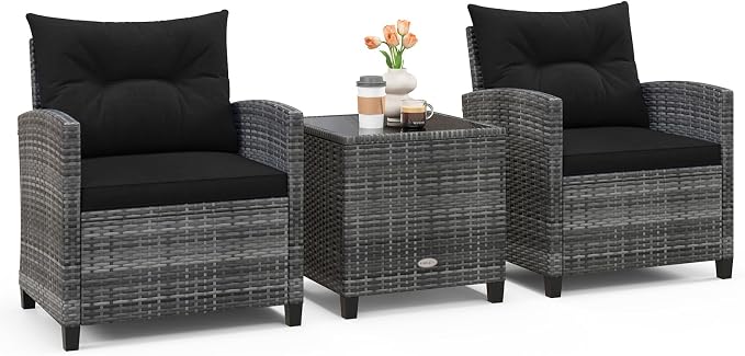 Patio Furniture Set, 3 Pcs Outdoor Wicker Conversation Set with Glass Coffee Table, Patio Chairs w/Washable Cushions, PE Rattan Outdoor Furniture Set for Porch Garden Backyard (Black)