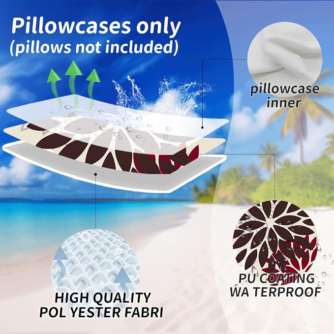 DFXSZ Outdoor Waterproof Pillow Covers 20x20 Set of 2 Brown Red Flower | Spring Summer Waterproof Flower Throw Pillowcases（No Inserts）Outdoor Decor for Fall Patio Funiture Garden Polyester Covers