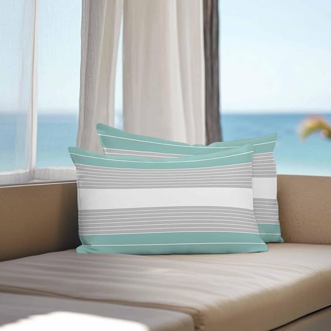 Turquoise Grey Stripe Outdoor Pillow Covers Waterproof, All Weather Cushion Case Set of 2, Modern Art Horizontal Striped Lumbar Pillowcase for Sofa Couch Bed Decor Patio Furniture 20"x12"