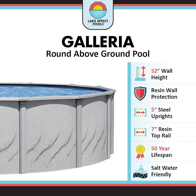 Lake Effect Pools 'Galleria' 12 ft Round Above Ground Swimming Pool Bundle | 52 Inch Height | Steel Sided Walls | Kit Includes: 25 Gauge Liner, A-Frame Ladder, Sand Filter/Pump, & Skimmer
