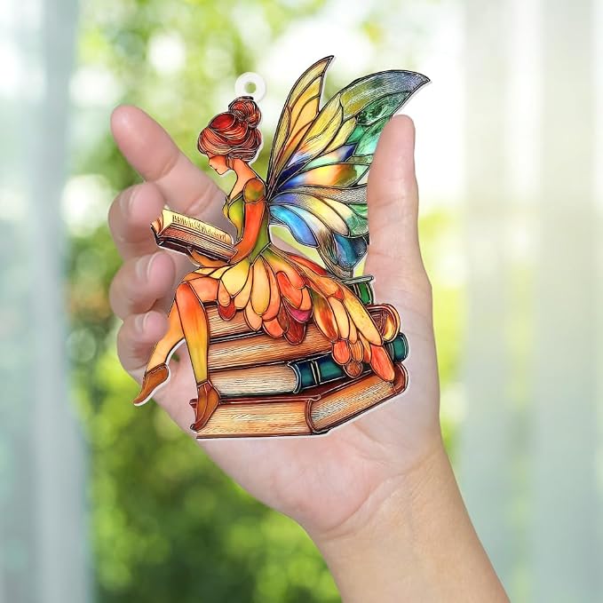 Fairy Stained Glass Style Acrylic Suncatcher, Fairy Ornament Window Hanging, Book Lover Gift for Women, Fairy Decor, Teacher & Librarian Book Club Decorations, Christmas Tree Ornament 4.5"(Sun-15)