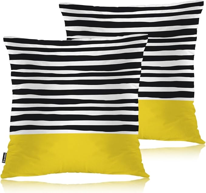Swono Abstract Black Yellow Home Decorative Throw Pillows Covers 18"X18" Set of 2 Outdoor Pillowcase for Livingroom Bedroom, Modern Black Stripes Yellow Block Boho Pillow Cushion Covers for Man Woman