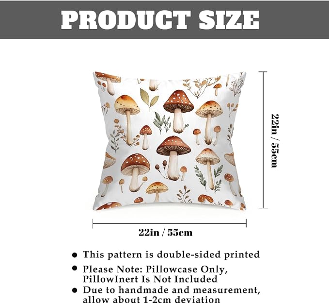 22x22 Inch Outdoor Pillow Covers Set of 2 Waterproof Throw Pillow Covers Decorative Couch Cushion Covers Mushrooms Pattern Square Pillowcases Protectors for Patio Garden Sofa