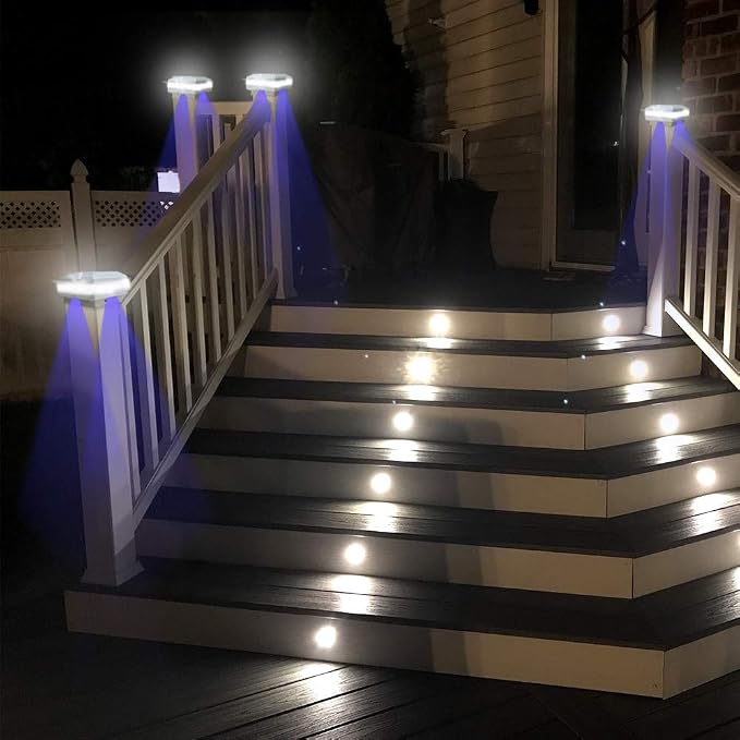 Solar Outdoor Post Cap Lights, 160LM 6000K Cool White, IP65, 4 Pack White | 52 LEDs High Brightness, Waterproof Fence Post Lights Compatible with 4x4 5x5 Wooden Posts, for Fence Deck Patio Garden Yard