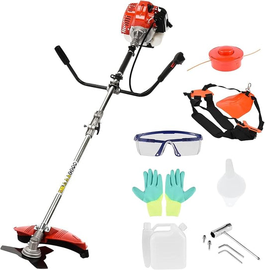 Weed Wacker 10.6inch Cordless String Trimmer, Gas Powered Edger Trimmer Lawn Tool with Strap, 8500rpm 52cc Grass Trimmer Powerful Lawn Mower with Heavy Duty Metal Blade, Gift for Gardener Red