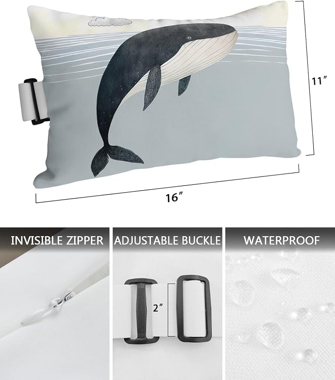 Outdoor Pillows Covers with Inserts Cartoon Whale Under the Sea and Clouds Waterproof Recliner Pillow with Adjustable Strap Throw Pillows for Patio Furniture Pool Lounge Chair, 11x16 inch, 1PCS