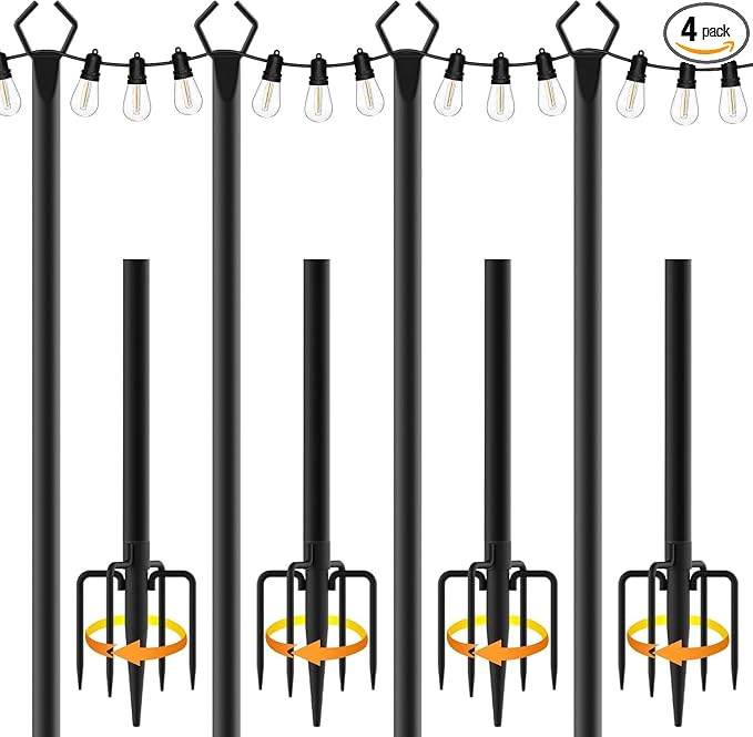 4 Pack 10 ft Heavy Duty Metal String Light Poles Adjustable Outdoor Lighting Stand for Patio,Backyard,Garden,Party & Wedding Rustproof & Sturdy with Hooks