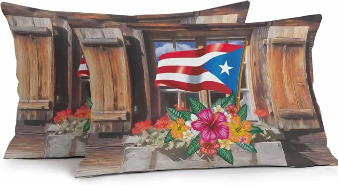 Puerto Rico Flag Outdoor Pillow Covers 20x12 Inch Lumbar Pillow Covers Set of 2 Waterproof Decorative Throw Pillow Cases Farmhouse Retro Flowers American Flags Cushion Covers for Patio Furniture