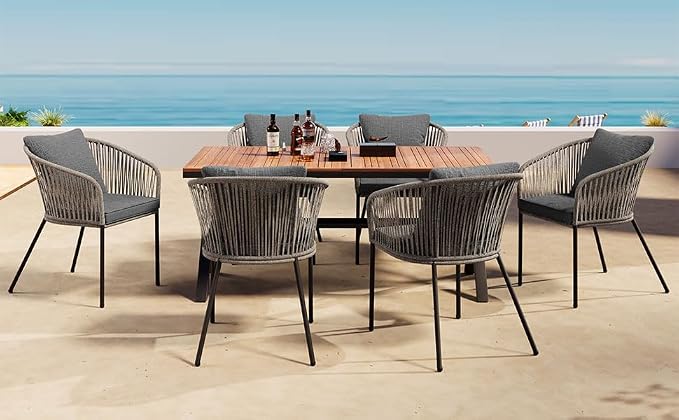 7 PC Patio Dining Set with Table and 6 Chairs Grey | All-Weather Outdoor Furniture with Acacia Wood Tabletop & Metal Frame, for Garden, Backyard, or Balcony