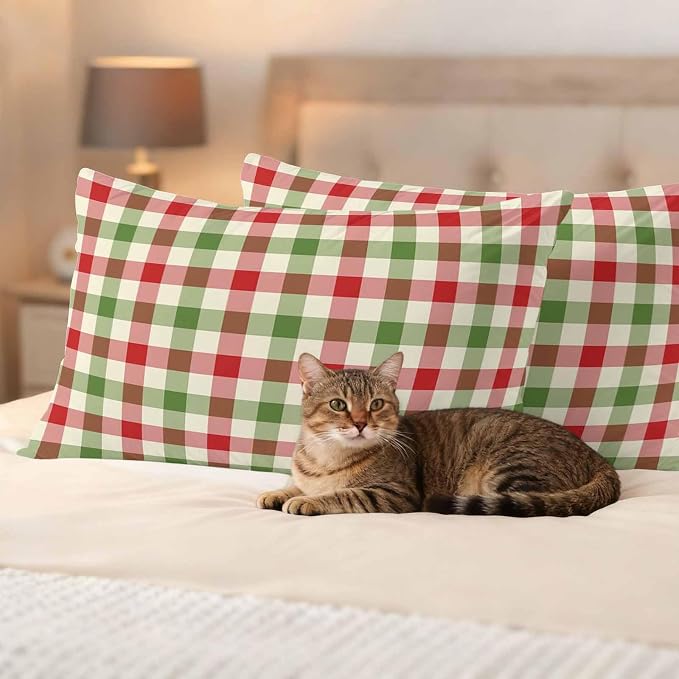 Outdoor Throw Pillow Covers,Vintage Pastoral Red Green Buffalo Gingham Waterproof Decorative Pillowcases Cushion Cover Christmas Plaid Pillow Cases for Patio Couch Sofa Bed,20x12in Set of 2
