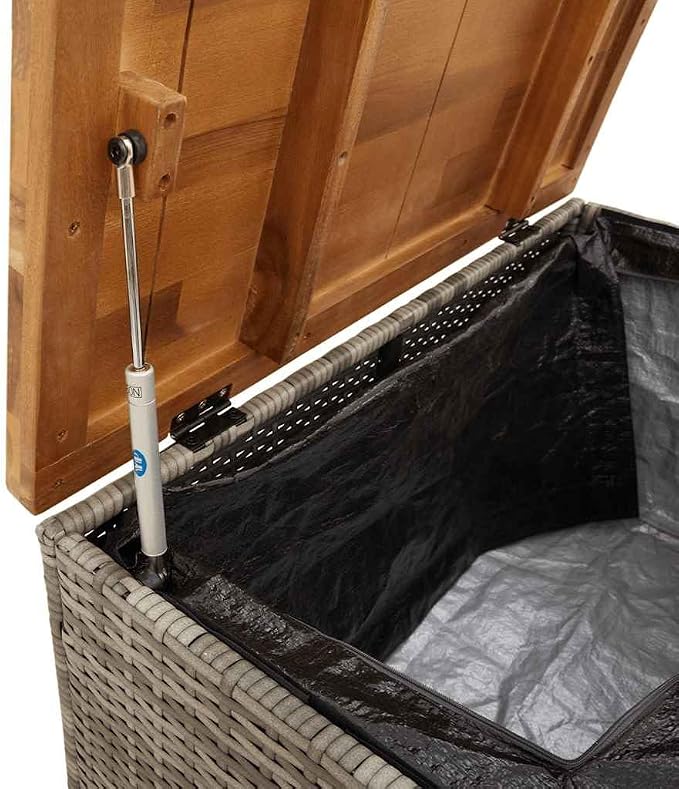 Grey PE Rattan Outdoor Storage Box 31.5x15.7x18.9 in Waterproof Deck Box for Patio Cushions with Acacia Wood Frame