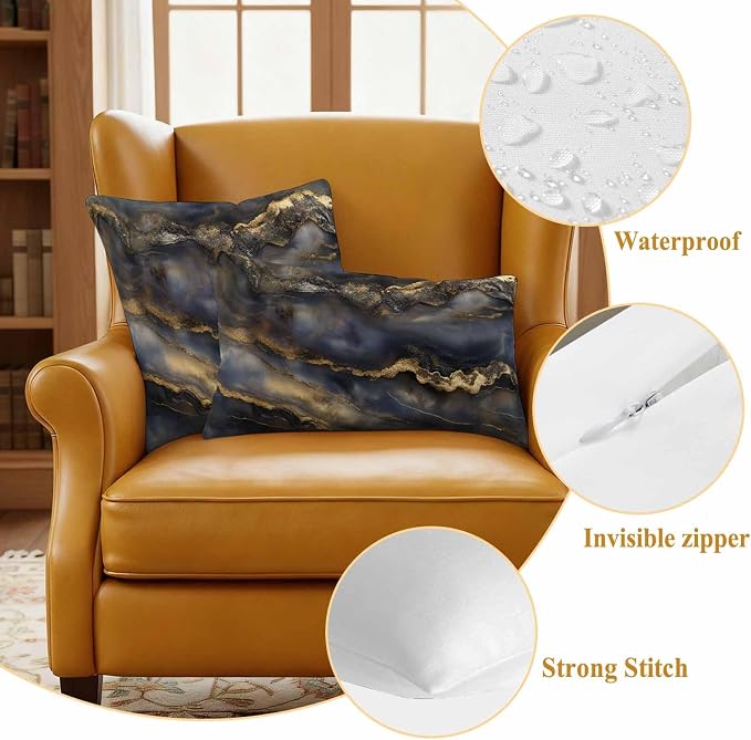 Modern Abstract Waterproof Outdoor Pillow Covers Set of 2 Home Decor, Luxury Black Golden Marble Texture Pillowcase Patio Pillow Covers for Couch Bench Furniture Garden 20x12in