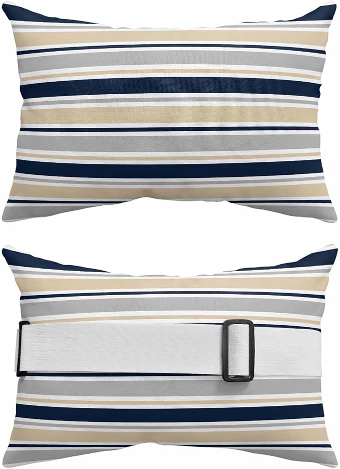 Pack of 4 Outdoor Lumbar Pillow Covers 12x20 Inch, Beige Navy Blue Striped Waterproof Throw Pillow Covers Set, Farmhouse Stripes Modern Abstract Art Decorative Cushion Cases for Patio Porch Car