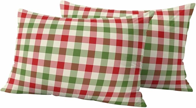 Outdoor Throw Pillow Covers,Vintage Pastoral Red Green Buffalo Gingham Waterproof Decorative Pillowcases Cushion Cover Christmas Plaid Pillow Cases for Patio Couch Sofa Bed,20x12in Set of 2