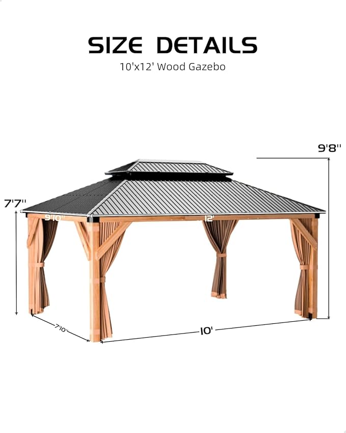 10x12 FT Hardtop Wooden Gazebo with Galvanized Steel Double Roof, Aluminum Frame, Mosquito Netting & Curtains – Durable Outdoor Pavilion for Patio, Backyard, Deck & Lawn