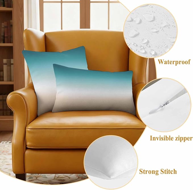 Outdoor Pillow Covers Set of 2, Teal to Khaki Gradient Art Decorative Throw Pillow Covers 18X18IN, Turquoise Watercolor Style Throw Pillows Protector Cushion Case for Patio,Couch,Sofa,Garden