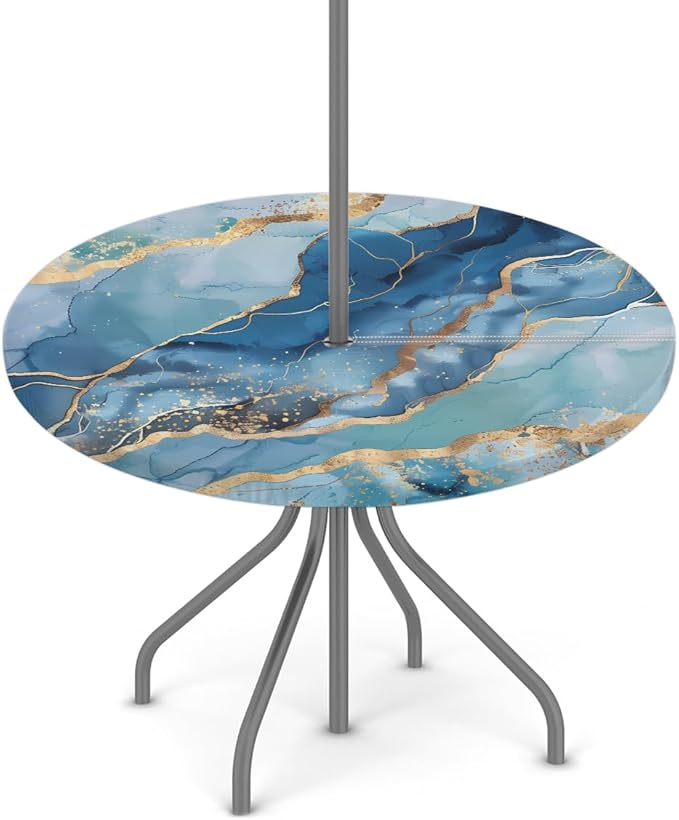 OSAM SPACE Outdoor Tablecloth with Umbrella Hole, Round Elastic Fitted Table Cloth with Invisible Zipper,Abstract Liquid Teal Blue Marble Picnic Patio Table Cover 36-44in