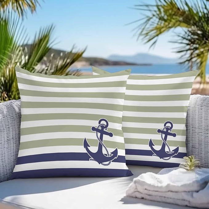 Throw Pillow Covers 26x26 Inch Set of 2, Striped Anchor Waterproof Outdoor Cushion Covers, Navy Blue Nautical Sage Green Geometric Decorative Pillowcases for Couch, Sofa, Bed, Garden, Patio