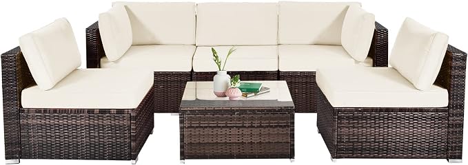 HAPPYGRILL 6 Pieces Outdoor Patio Furniture Set, PE Rattan Conversation Set with Tempered Glass Coffee Table and Cozy Cushions, Weather Resistant Sectional Sofa Set, White