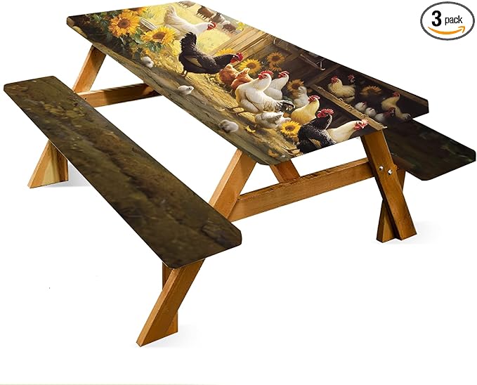ANNA QUEEN Farm Chicken Picnic Table Cover Set, Rustic Country Barn 6FT 3PCS Tablecloth and Bench Covers 72"x30" Waterproof for Camping BBQ & Outdoor Dining