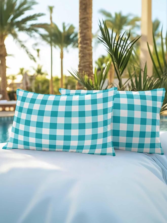 Waterproof Outdoor Pillow Set of 2 Turquoise Buffalo Plaid Decorative Throw Pillows Cover & Insert 20x12 Inch Lumbar Pillowcase Check Lines Pillows for Couch Sofa Bed Patio Furniture Indoor Outdoor
