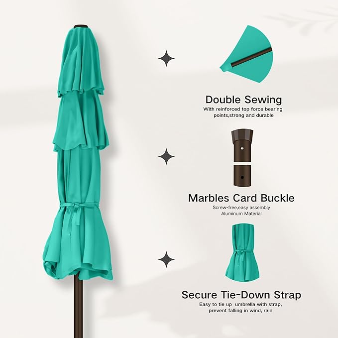 Kingdura 10ft 3-Tier Patio Umbrella with Solar Lights, Table Umbrella Outdoor Patio with Easy Crank & Tilt, 8 Sturdy Ribs, UV Protection, 32 LED Lights for Deck, Poolside, Market (Tiffany blue)