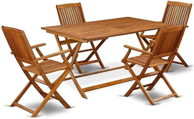 Pemberly Row 5-Piece Acacia Wood Patio Dining Set, Natural Oil Finish, Includes Rectangular Table with X-Style Legs and 4 Folding Armchairs, Weather-Resistant Outdoor Furniture for Porch, Balcony,