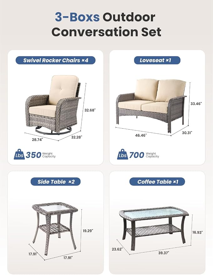 8-Piece Outdoor Patio Furniture Set with Swivel Chairs, Outdoor Conversation Wicker Sofa with Coffee Table, Rattan Couch for Deck Yard Poolside, Beige
