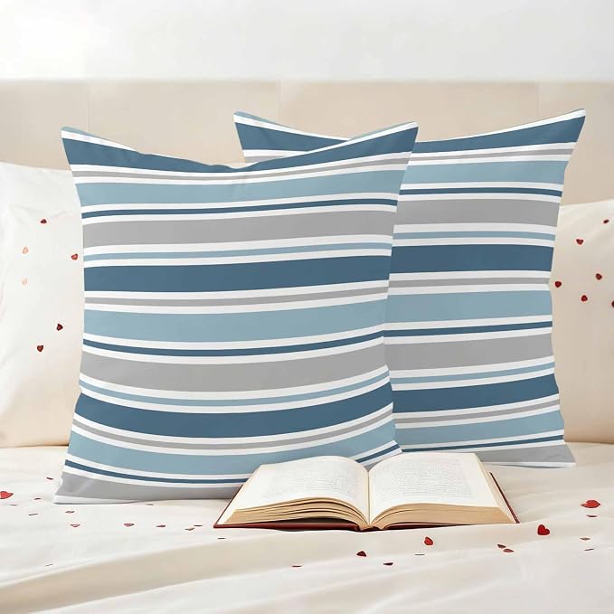 Blue Grey Striped Outdoor Pillow Cover 16x16 Inch Cushion Sham Case, Farmhouse Stripes Modern Abstract Art Waterproof Decorative Square Throw Pillowcase for Outside Garden Patio Porch Couch Chair Tent