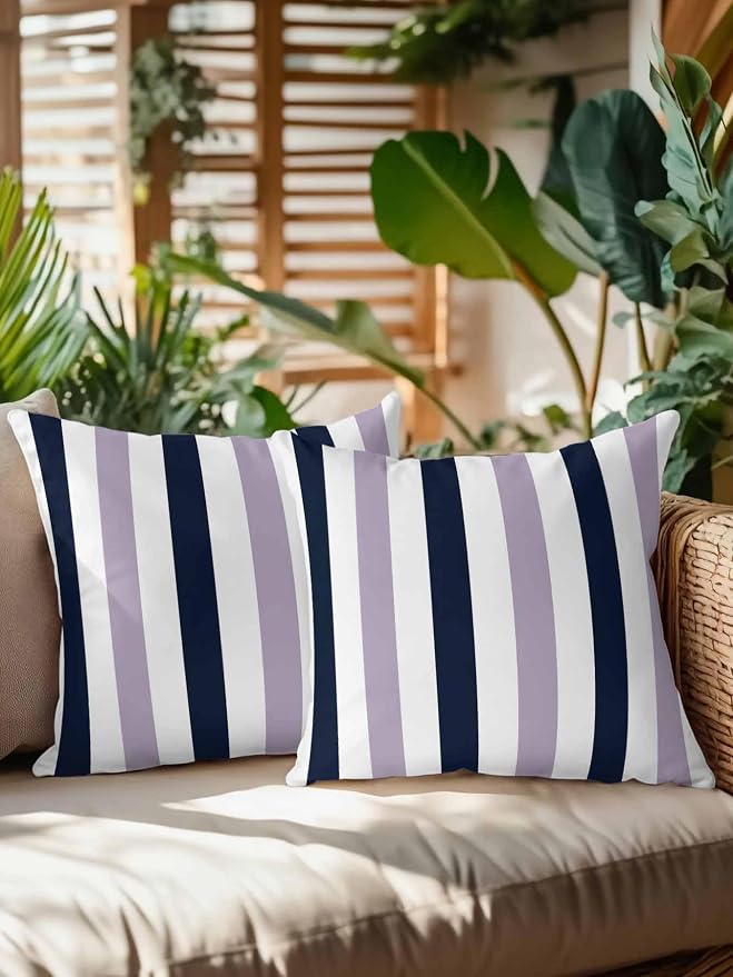 Outdoor Pillows Waterproof, Purple Navy Blue Striped Bedding Throw Pillows with Insert for Couch Sofa Bed, Farmhouse Stripe Art 16x16 Inch Pillowcases Decorative Camping Patio Pillow Set of 2
