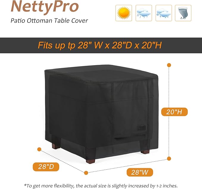 NettyPro Outdoor Patio Ottoman Cover, Waterproof Square Side Table Cover, 28L x 28W x 20H inch, Black