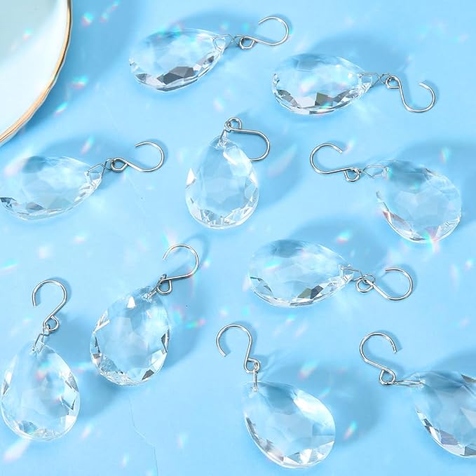 10pcs 38mm Crystal Suncatcher, Hanging Clear Teardrops Crystals | Chandelier Parts Prisms Pendants with Hook for Windows Lamp Christmas Tree Decorations Home Decor