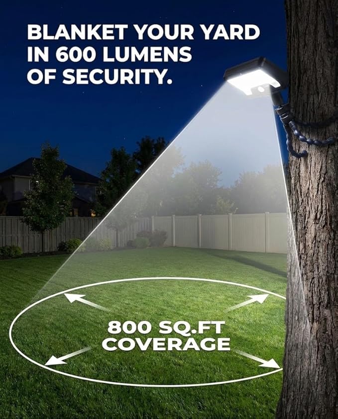 Solar Lights Outdoor, 92 LED Motion Sensor Security Light with Flexible Octopus Tripod & Heavy Duty Clip, 600LM Waterproof Solar Powered Lights for Fence, Gutter, Tree, Patio (2 Pack)