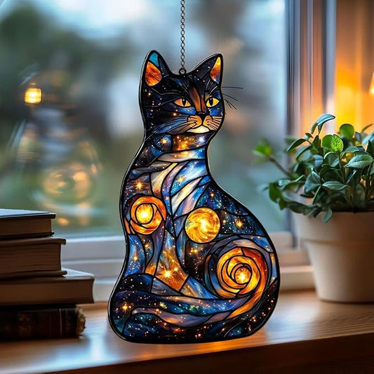 Starry Night Cat Acrylic Suncatcher, Boho Suncatchers for Window Hanging Ornament, Stained Glass Effect Art Garden Decor for Cat Lover, Gifts for Mother's Day, Mom, Grandma, Wife, Women, Nana