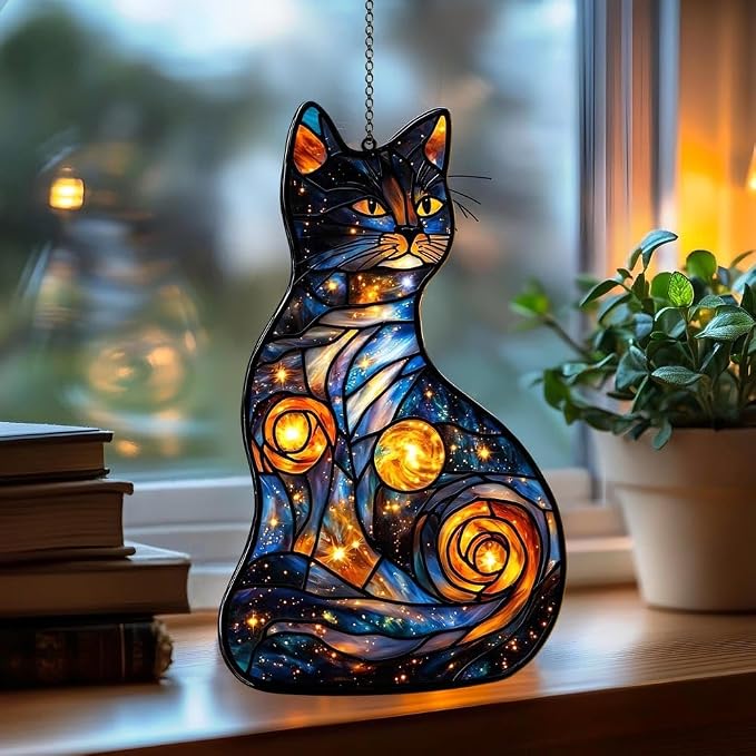 Starry Night Cat Acrylic Suncatcher, Boho Suncatchers for Window Hanging Ornament, Stained Glass Effect Art Garden Decor for Cat Lover, Gifts for Mother's Day, Mom, Grandma, Wife, Women, Nana