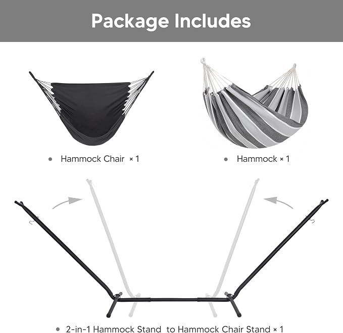 SUNCREAT 2-in-1 Convertible Backyard Fabric Hammock with Stand, Large Hammocks for Outside, Light Gray & Dark Gray