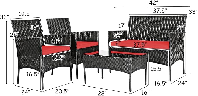 Tangkula 4 Piece Patio Furniture Set, Outdoor Wicker Conversation Set with Tempered Glass Coffee Table, Rattan Loveseat & Chairs Set with Seat Cushions for Backyard, Garden, Poolside (1, Red)