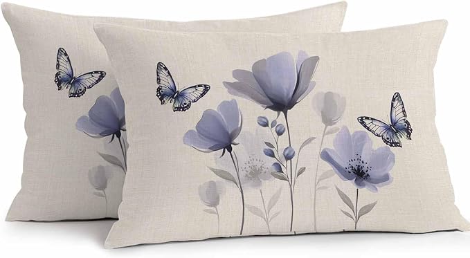 Purple Flowers Waterproof Outdoor Pillow Covers Set of 2 Home Decor, Spring Farmhouse Retro Tulip Butterfly Pillowcase Patio Pillow Covers for Couch Bench Furniture Garden 20x12in