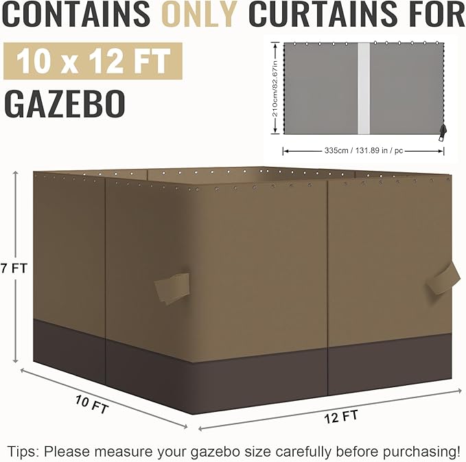 COWVIE 4-Panel 10' x 12' Gazebo Replacement Curtains, Patio Privacy Sidewalls with Double Zipper, Replacement for Outdoor Gazebo Canopy (Curtain Only)
