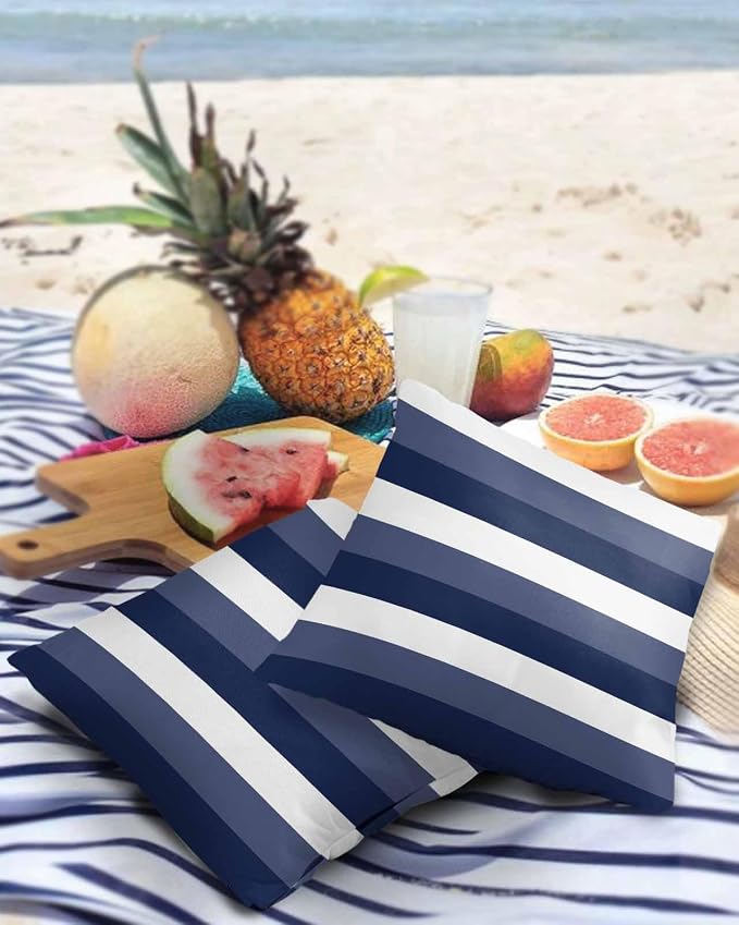 Pack of 2 Navy Blue Stripes Outdoor Pillow Waterproof Covers 18x18 inch, Geometric Pattern Polyester Throw Pillow Covers Garden Cushion Decorative Case for Patio Couch Decoration