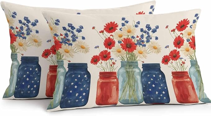 Independence Day Waterproof Outdoor Pillow Covers Set of 2 Home Decor, Red Blue Patriotic Poppy Flower Daisy Pillowcase Patio Pillow Covers for Couch Bench Furniture Garden 20x12in
