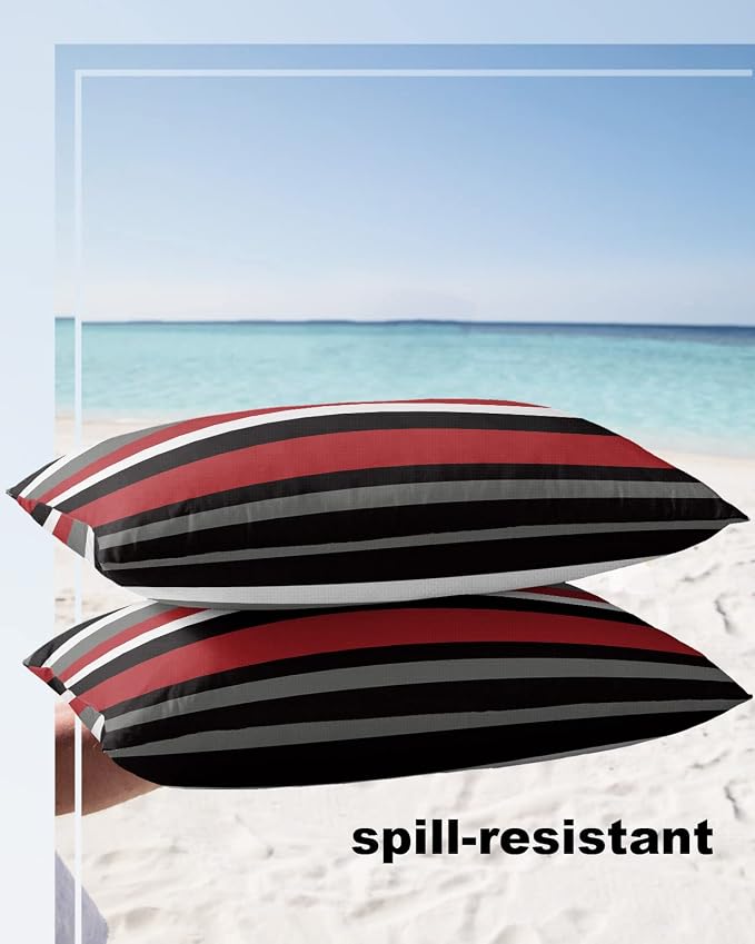 Multicolor Horizontal Stripes Outdoor Pillow Covers Set of 2, Decorative Waterproof Throw Pillow Case, Red White Gray Cotton Linen Soft Cozy Cushion Pillowcases