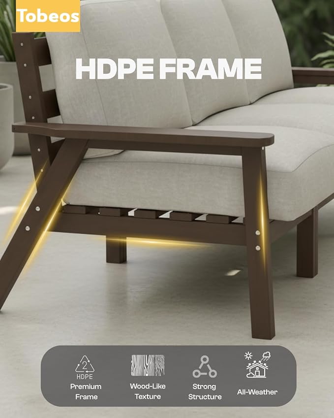 HDPE 6 Piece Patio Furniture Set, Outdoor Couch with Washable Thick Beige Cushions & Coffee Table & Side Table, Outdoor Sectional Furniture for Backyard, Deck, Lawn, Porch (Black Frame)