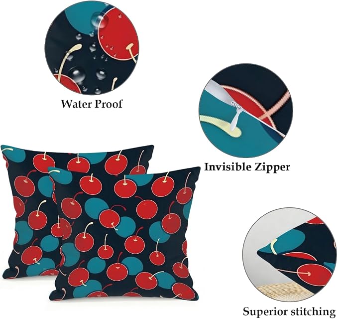 22x22 Inch Outdoor Pillow Covers Set of 2 Waterproof Throw Pillow Covers Decorative Couch Cushion Covers Red Cherry Blue Circle Square Pillowcases Protectors for Patio Garden Sofa