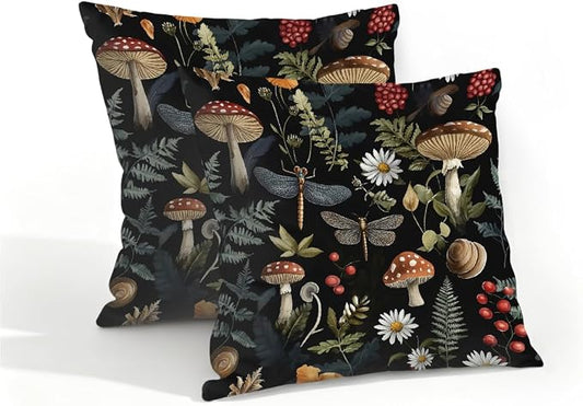 16x16 Inch Outdoor Pillow Covers Set of 2 Waterproof Throw Pillow Covers Decorative Couch Cushion Covers Mushrooms Dragonflies Leaf Square Pillowcases Protectors for Patio Garden Sofa
