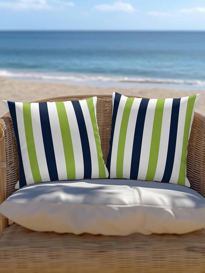 Outdoor Pillows Waterproof, Green Navy Blue Striped Bedding Throw Pillows with Insert for Couch Sofa Bed, Farmhouse Stripe Art 18x18 Inch Pillowcases Decorative Camping Patio Pillow Set of 2