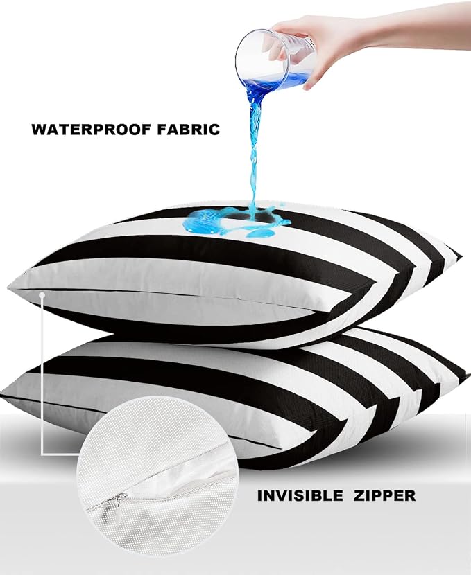 JasmineM Outdoor Pillow Covers 24x24 Waterproof Polyester Throw Pillow Covers, Black White Stripes Decorative Pillowcases Garden Cushion Case for Patio Couch Sofa Decoration Set of 2, Geometric