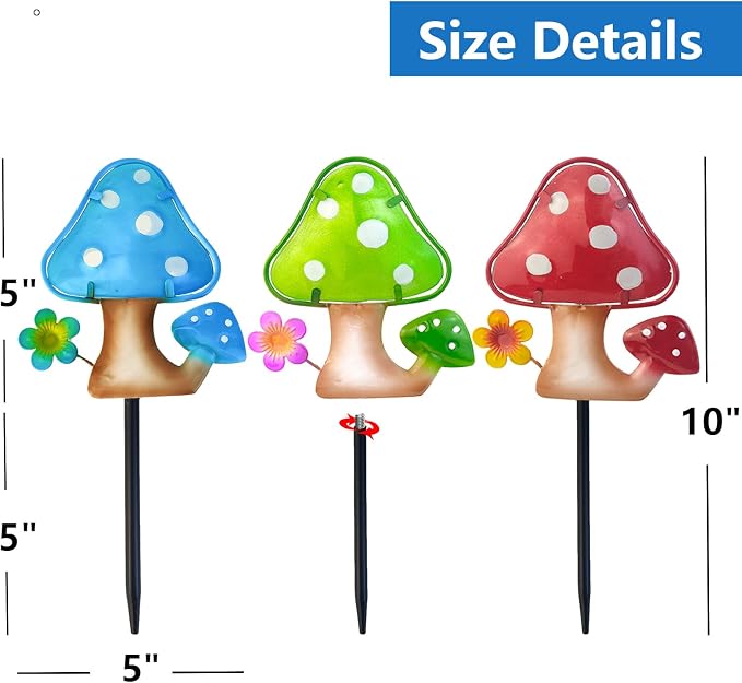 LEGIFO Garden Decor Mushroom Stakes Set of 3, Metal & Glass 10″, Outdoor Mushroom Stake for Backyard Lawn Decor, Funny Yard Art Decorations for Mom Grandma Women Mother’s Day