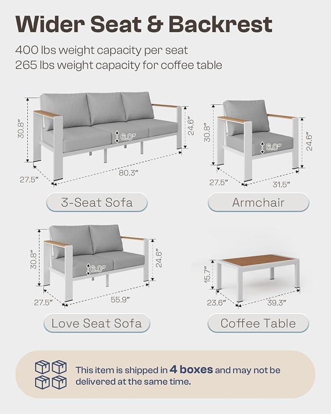 Aluminum Outdoor Patio Furniture Set with Coffee Table, 5 Piece Patio Conversation Sets with Washable Thick Cushions, Patio Sectional Furniture Set for Porch, Balcony, Deck, White